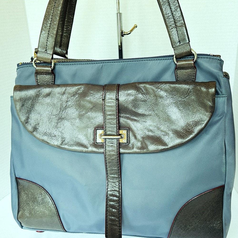 MZ Wallace Shoulder Bag Tote + Pouch Dark Slate Blue Nylon w/Dark Gray Leather